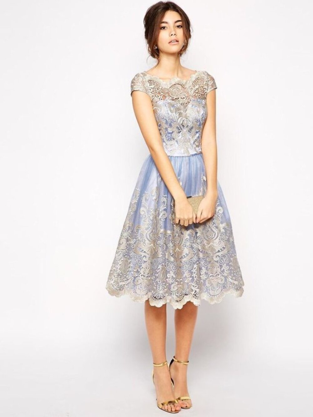 Chi Chi London Petite Elsa Dress Blue/Gold Fit & Flare Princess Dress 4US